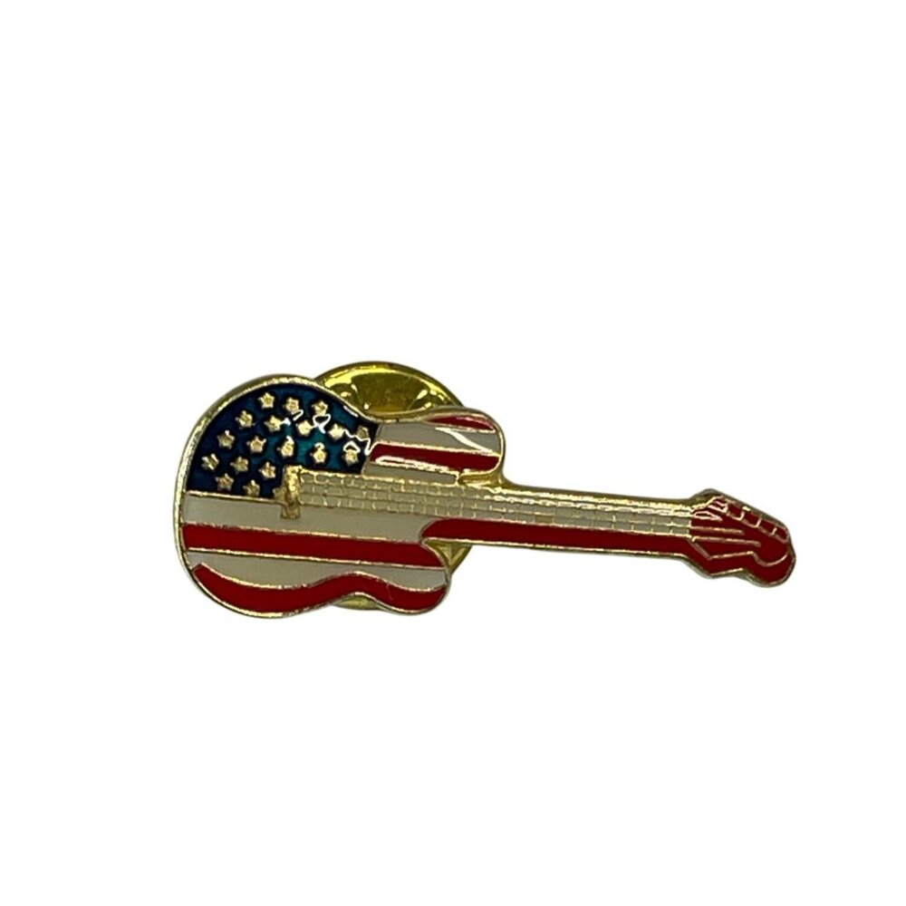 American Flag Guitar Lapel Pin Gold-Tone Enamel Patriotic USA Music Symbol